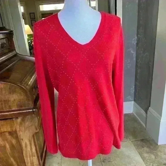 Tommy Hilfiger Red v neck sweater Large lightweight long sleeve decorative gold - Picture 3 of 10